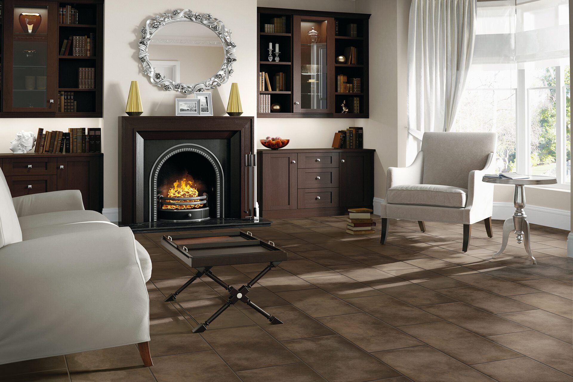 Purstone_Oretta_Henna_L The fireplace is surrounded by a comfortable couch